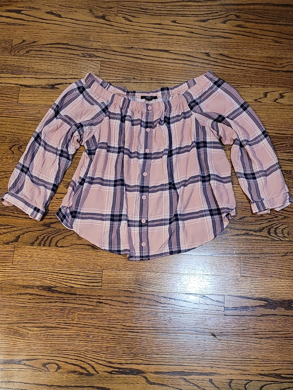 Miss Lili Pink and Navy Plaid Off-Shoulder Button-Down Blouse